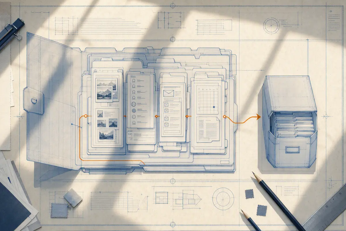 Blueprint-style drafting table with a layered data dossier mapped into an archival box